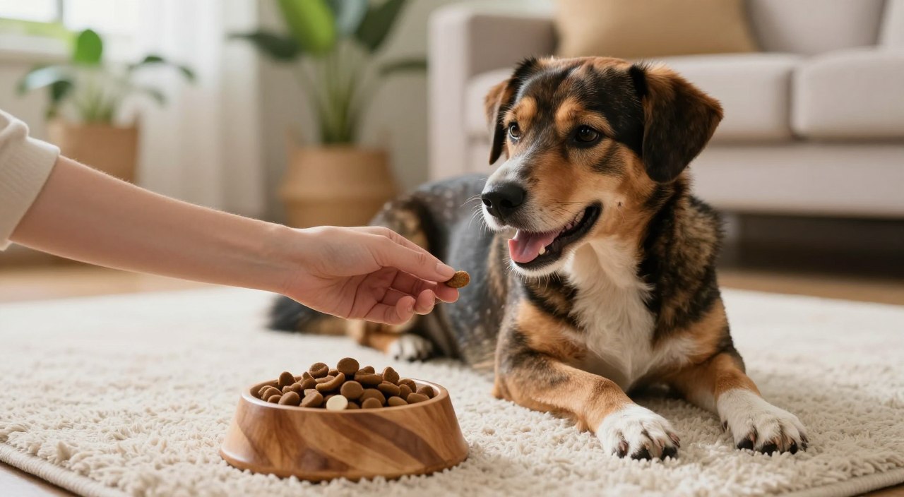 A serene living room setting bathed in soft, natural light, featuring a healthy, happy dog with a shiny coat lying comfortably on a plush rug. In the foreground, a gentle, caring hand reaches down to offer a joint supplement treat, emphasizing the bond between the dog and its owner. In the middle ground, there is a wooden bowl filled with fresh dog food, symbolizing a well-rounded diet that supports joint health. The background showcases a cozy space with plants and warm colors, creating a calm and inviting atmosphere. The focus is on the loving interaction, conveying a message of nurturing and holistic pet care. The overall mood is calm and reassuring, highlighting the importance of integrating joint supplements into a dog's health regimen.