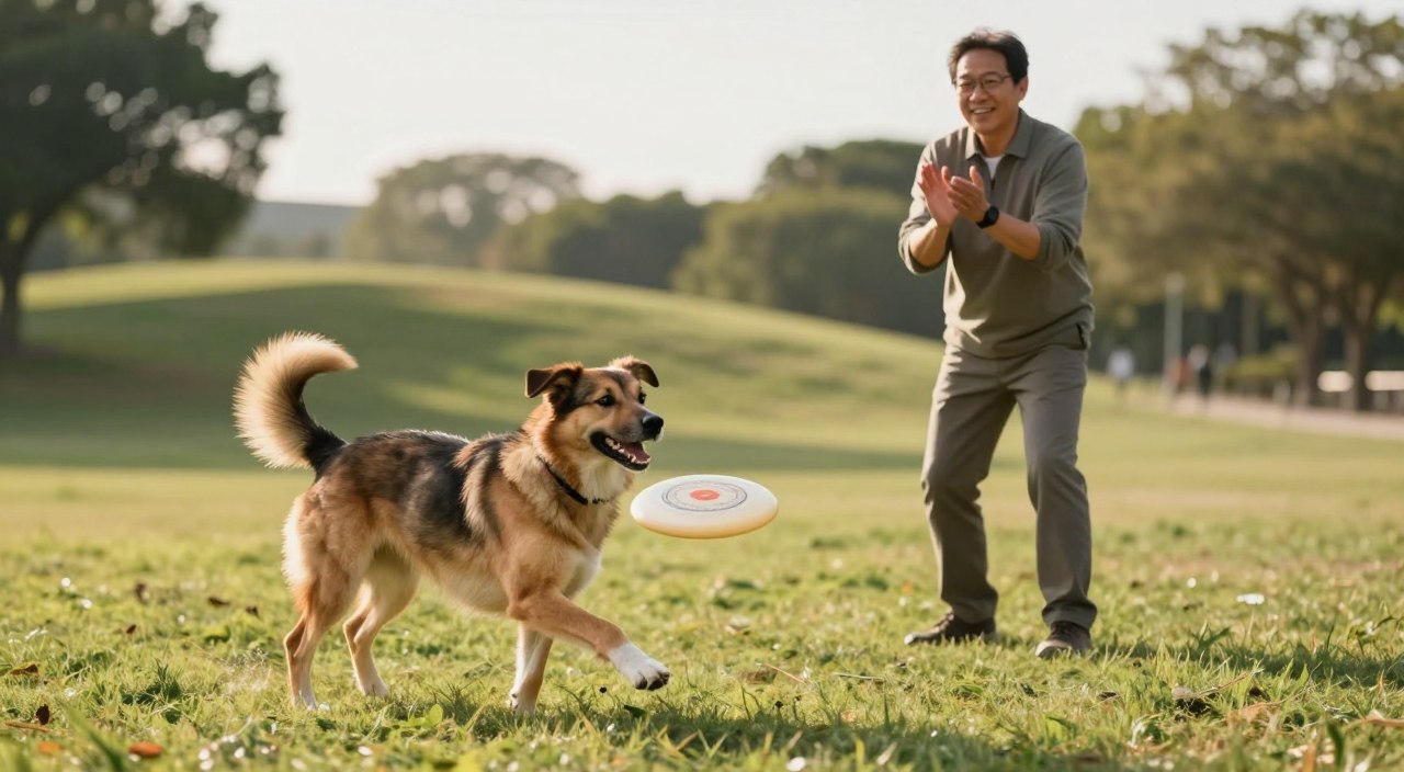 A serene outdoor scene depicting a happy, healthy dog engaging in playful exercise with its owner in a clean, natural environment. In the foreground, a real, medium-sized dog is enthusiastically chasing a frisbee, its coat shining in the sunlight. The owner, a middle-aged individual dressed in modest casual clothing, stands with an encouraging posture, clapping their hands and smiling. In the middle ground, a grassy park setting with gentle rolling hills and trees provides a calm backdrop, bathed in warm, diffused natural light. The overall atmosphere conveys joy and vitality, emphasizing the importance of regular exercise and weight management for canine health. The composition is shot from a low angle to capture the dog's energy and the owner's supportive presence, creating an uplifting and inspiring image.