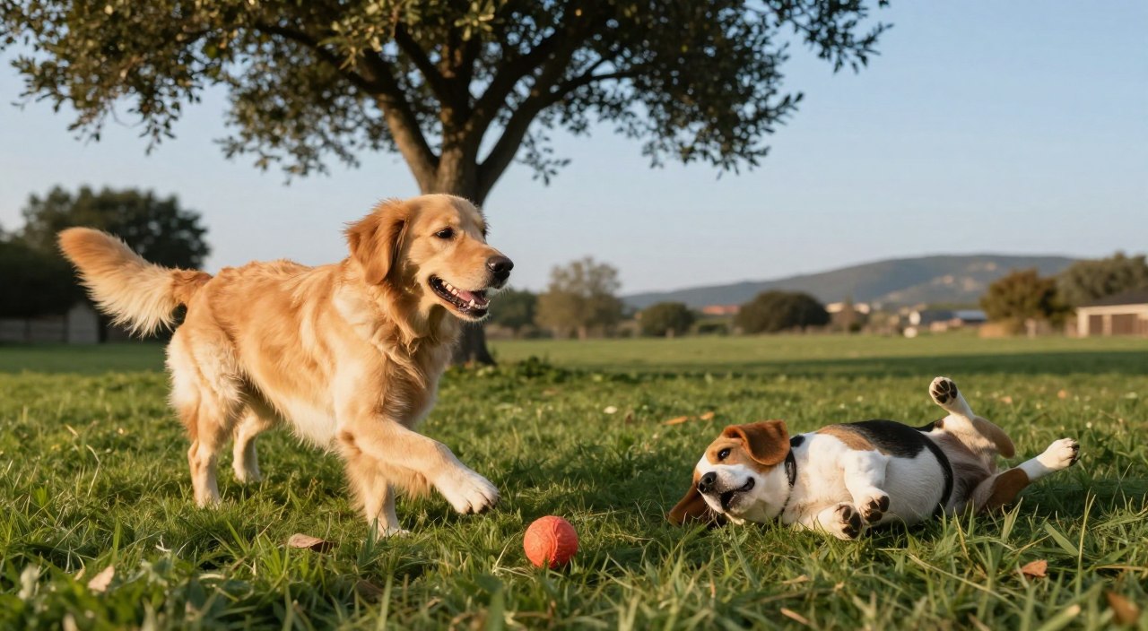 A serene outdoor scene featuring two happy, energetic dogs engaging in playful exercise on a lush green lawn. In the foreground, a golden retriever joyfully fetches a ball, its fur illuminated by the soft, warm sunlight. Nearby, a playful beagle rolls on the grass, enjoying its rest after a burst of activity. In the middle ground, a tree provides gentle shade, enhancing the calm atmosphere. In the background, a clear blue sky reflects a peaceful day, with distant hills adding depth. The composition emphasizes the balance between playful exercise and restful moments, conveying a sense of well-being. Use natural light to create a warm and inviting mood, capturing the essence of a healthy dog life focused on immune support. A serene outdoor scene featuring two happy, energetic dogs engaging in playful exercise on a lush green lawn. In the foreground, a golden retriever joyfully fetches a ball, its fur illuminated by the soft, warm sunlight. Nearby, a playful beagle rolls on the grass, enjoying its rest after a burst of activity. In the middle ground, a tree provides gentle shade, enhancing the calm atmosphere. In the background, a clear blue sky reflects a peaceful day, with distant hills adding depth. The composition emphasizes the balance between playful exercise and restful moments, conveying a sense of well-being. Use natural light to create a warm and inviting mood, capturing the essence of a healthy dog life focused on immune support.