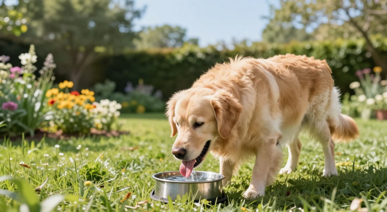 A serene outdoor scene showcasing a healthy, happy dog drinking from a clean, fresh water bowl in a lush green garden. In the foreground, the dog, a golden retriever, stands contentedly with its tongue out as it refreshes itself. In the middle ground, a sunlit area with vibrant flowers and gentle grass creates a calm atmosphere, symbolizing a healthy environment. The background features soft, blurred trees under a clear blue sky, enhancing the feeling of tranquility. The lighting is natural and bright, suggesting a warm, inviting day. This image reflects the importance of hydration in a dog's daily life, focused on long-term prevention strategies while maintaining realism and a peaceful mood. A serene outdoor scene showcasing a healthy, happy dog drinking from a clean, fresh water bowl in a lush green garden. In the foreground, the dog, a golden retriever, stands contentedly with its tongue out as it refreshes itself. In the middle ground, a sunlit area with vibrant flowers and gentle grass creates a calm atmosphere, symbolizing a healthy environment. The background features soft, blurred trees under a clear blue sky, enhancing the feeling of tranquility. The lighting is natural and bright, suggesting a warm, inviting day. This image reflects the importance of hydration in a dog's daily life, focused on long-term prevention strategies while maintaining realism and a peaceful mood.