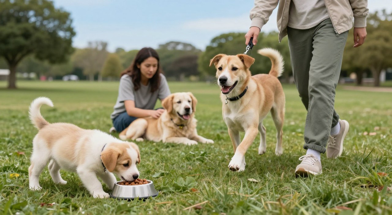 A serene outdoor setting features a variety of dogs at different life stages, showcasing their dietary and activity needs. In the foreground, a playful puppy engages with a small bowl of puppy food, while a middle-aged dog jogs alongside a person in casual attire, both looking healthy and energetic. In the middle ground, an older dog rests on a soft grass patch, enjoying some light exercise with its owner, who is attentively monitoring its health. The background reveals a peaceful park with trees and a clear blue sky, illuminated by gentle natural light, creating a calm atmosphere. Emphasize realism and natural behaviors, ensuring the dogs appear vibrant and content. The composition should evoke a sense of mindful care and adaptation in a clean, tidy environment without distractions.