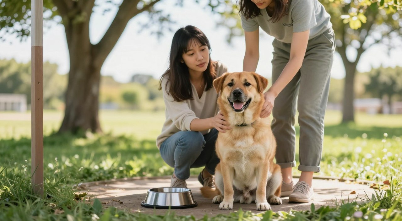 A serene outdoor setting under soft, natural sunlight, focusing on a healthy, happy dog sitting in a shaded area, with a water bowl nearby to illustrate hydration. In the middle ground, a pet parent, dressed in modest casual clothing, gently pets the dog while looking attentive and caring. Around them, lush green grass and a few trees provide a comfortable ambiance. The background features a sunny sky, emphasizing the importance of shade and comfort for dogs. The mood is calm and nurturing, promoting safety and well-being. The composition should have a gentle depth of field, allowing the viewer to focus on the dog and its attentive owner, creating a safe, reassuring atmosphere.