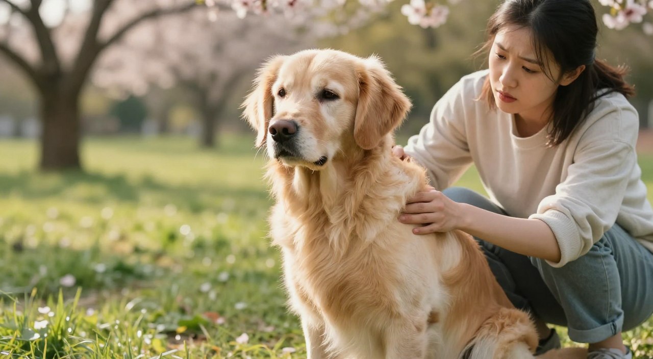A serene scene featuring a well-groomed golden retriever sitting on a soft grassy lawn, looking slightly distressed with droopy ears and watery eyes, indicative of allergy symptoms. Nearby, a concerned pet owner, dressed in a simple, modest casual outfit, gently examines the dog's coat and skin with a worried expression. In the background, gently blurred trees and blooming flowers suggest a seasonal setting, illuminated by warm, natural sunlight creating a calming atmosphere. The image captures the empathetic bond between the dog and its owner, emphasizing the importance of recognizing allergy symptoms in a tranquil outdoor context. The focus should be soft, with a shallow depth of field to highlight the subjects while maintaining a peaceful ambiance. A serene scene featuring a well-groomed golden retriever sitting on a soft grassy lawn, looking slightly distressed with droopy ears and watery eyes, indicative of allergy symptoms. Nearby, a concerned pet owner, dressed in a simple, modest casual outfit, gently examines the dog's coat and skin with a worried expression. In the background, gently blurred trees and blooming flowers suggest a seasonal setting, illuminated by warm, natural sunlight creating a calming atmosphere. The image captures the empathetic bond between the dog and its owner, emphasizing the importance of recognizing allergy symptoms in a tranquil outdoor context. The focus should be soft, with a shallow depth of field to highlight the subjects while maintaining a peaceful ambiance.