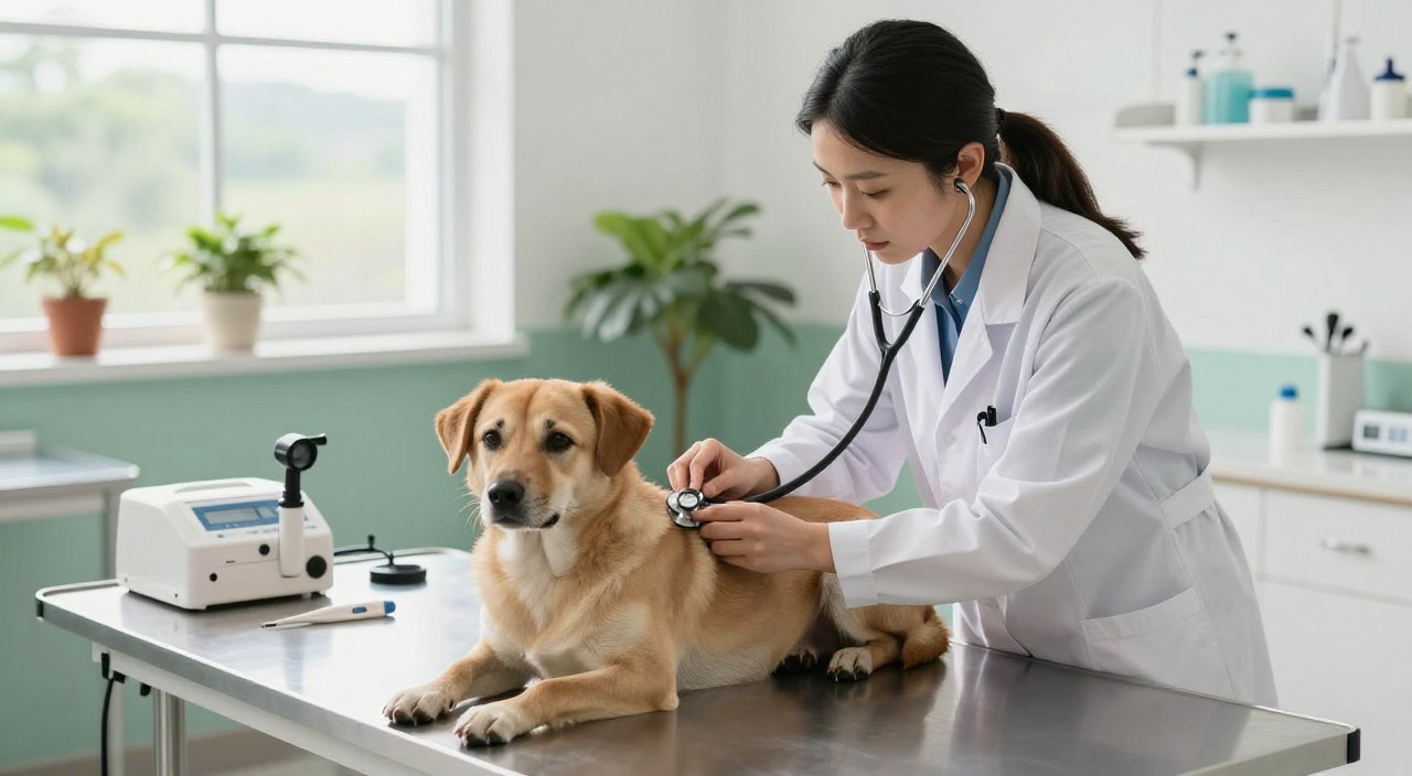 A serene veterinary clinic filled with natural light, featuring a compassionate veterinarian in a white coat, gently examining a calm, medium-sized dog on an examination table. The foreground showcases the dog lying comfortably, with the vet using a stethoscope while kneeling beside it. In the middle ground, you can see medical equipment neatly arranged, such as an otoscope and a thermometer. The background includes calming wall colors, a few potted plants, and a window displaying a peaceful view of nature outside. The atmosphere is reassuring and professional, conveying a sense of trust and effective care focused on solving the dog's breathing problems. The scene is captured from a slightly elevated angle to provide a comprehensive view. A serene veterinary clinic filled with natural light, featuring a compassionate veterinarian in a white coat, gently examining a calm, medium-sized dog on an examination table. The foreground showcases the dog lying comfortably, with the vet using a stethoscope while kneeling beside it. In the middle ground, you can see medical equipment neatly arranged, such as an otoscope and a thermometer. The background includes calming wall colors, a few potted plants, and a window displaying a peaceful view of nature outside. The atmosphere is reassuring and professional, conveying a sense of trust and effective care focused on solving the dog's breathing problems. The scene is captured from a slightly elevated angle to provide a comprehensive view.