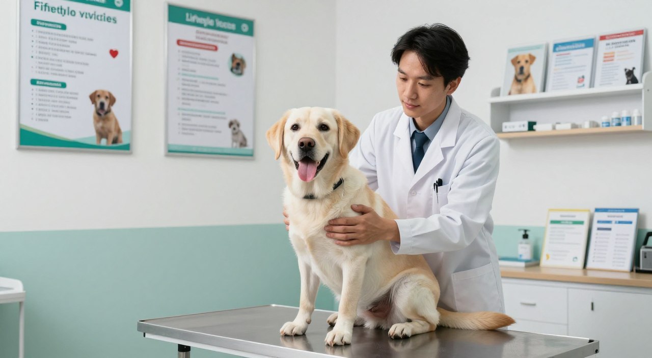 A serene veterinary clinic in natural light, showcasing a professional veterinarian, dressed in a white lab coat, attentively examining a healthy, playful dog. The dog, a Labrador Retriever, is depicted sitting calmly on the examination table, with its tongue out and tail wagging. Surrounding them are posters on the wall about various lifestyle vaccines, emphasizing a clean and organized environment. In the background, a shelf displays dog vaccination records and informative brochures about pet health. The atmosphere is calm and reassuring, highlighting the importance of lifestyle vaccines. The scene is captured with a slight depth of field, keeping the focus on the interaction between the veterinarian and the dog, evoking a sense of trust and care in pet healthcare. A serene veterinary clinic in natural light, showcasing a professional veterinarian, dressed in a white lab coat, attentively examining a healthy, playful dog. The dog, a Labrador Retriever, is depicted sitting calmly on the examination table, with its tongue out and tail wagging. Surrounding them are posters on the wall about various lifestyle vaccines, emphasizing a clean and organized environment. In the background, a shelf displays dog vaccination records and informative brochures about pet health. The atmosphere is calm and reassuring, highlighting the importance of lifestyle vaccines. The scene is captured with a slight depth of field, keeping the focus on the interaction between the veterinarian and the dog, evoking a sense of trust and care in pet healthcare.