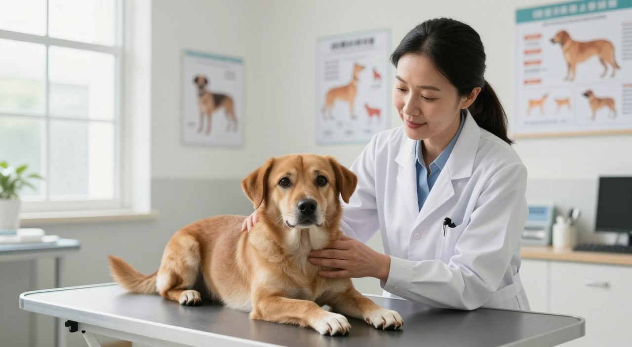 A serene veterinary clinic interior, featuring a friendly veterinarian in a white coat gently examining a relaxed, healthy dog on an examination table. The vet, a middle-aged Asian woman, is focused on the dog, ensuring a sense of care and professionalism. In the foreground, the dog appears calm and attentive, showcasing its shiny coat and bright eyes, reflecting good health. The background reveals a clean and organized clinic filled with subtle natural light streaming through large windows, highlighting charts of dog anatomy and health tips on the walls. The mood is calm and reassuring, emphasizing the importance of vet care for promoting longevity in dogs. The overall atmosphere conveys a welcoming and supportive environment for pets and their owners. A serene veterinary clinic interior, featuring a friendly veterinarian in a white coat gently examining a relaxed, healthy dog on an examination table. The vet, a middle-aged Asian woman, is focused on the dog, ensuring a sense of care and professionalism. In the foreground, the dog appears calm and attentive, showcasing its shiny coat and bright eyes, reflecting good health. The background reveals a clean and organized clinic filled with subtle natural light streaming through large windows, highlighting charts of dog anatomy and health tips on the walls. The mood is calm and reassuring, emphasizing the importance of vet care for promoting longevity in dogs. The overall atmosphere conveys a welcoming and supportive environment for pets and their owners.