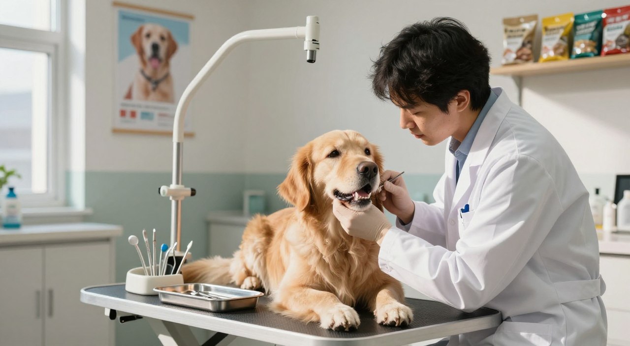 A serene veterinary dental clinic filled with natural light. In the foreground, a skilled veterinarian in a white lab coat gently examining a medium-sized golden retriever's mouth, showcasing a focused and professional demeanor. The dog looks calm and comfortable on an adjustable dental table. The middle ground features dental tools neatly organized on a stainless steel tray, emphasizing the cleaned and sterile environment. In the background, shelves adorned with pet dental care posters and healthy dog treats create an inviting atmosphere. The warm lighting casts soft shadows, enhancing the sense of tranquility and care in the space. The overall mood is peaceful and reassuring, reflecting the importance of professional dental cleanings for pets. No text or distractions in the image. A serene veterinary dental clinic filled with natural light. In the foreground, a skilled veterinarian in a white lab coat gently examining a medium-sized golden retriever's mouth, showcasing a focused and professional demeanor. The dog looks calm and comfortable on an adjustable dental table. The middle ground features dental tools neatly organized on a stainless steel tray, emphasizing the cleaned and sterile environment. In the background, shelves adorned with pet dental care posters and healthy dog treats create an inviting atmosphere. The warm lighting casts soft shadows, enhancing the sense of tranquility and care in the space. The overall mood is peaceful and reassuring, reflecting the importance of professional dental cleanings for pets. No text or distractions in the image.