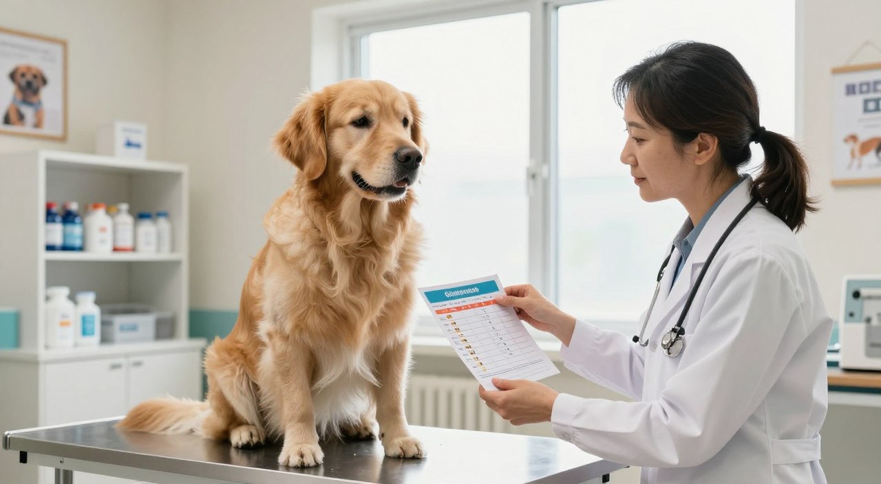 A serene veterinary office scene featuring a golden retriever sitting calmly on an examination table, receiving a personalized vaccination plan from a professional veterinarian. The vet, a middle-aged woman in a white coat, demonstrates a caring demeanor as she examines a colorful chart that outlines the dog's vaccination schedule. Natural light floods the room through a window, creating a warm and inviting atmosphere. In the background, shelves filled with clean medical supplies and framed pet care posters add to the setting. The focus is on the connection between the vet and the dog, conveying a sense of trust and professionalism. The overall mood is calm and informative, emphasizing the importance of personalized care for dogs. A serene veterinary office scene featuring a golden retriever sitting calmly on an examination table, receiving a personalized vaccination plan from a professional veterinarian. The vet, a middle-aged woman in a white coat, demonstrates a caring demeanor as she examines a colorful chart that outlines the dog's vaccination schedule. Natural light floods the room through a window, creating a warm and inviting atmosphere. In the background, shelves filled with clean medical supplies and framed pet care posters add to the setting. The focus is on the connection between the vet and the dog, conveying a sense of trust and professionalism. The overall mood is calm and informative, emphasizing the importance of personalized care for dogs.