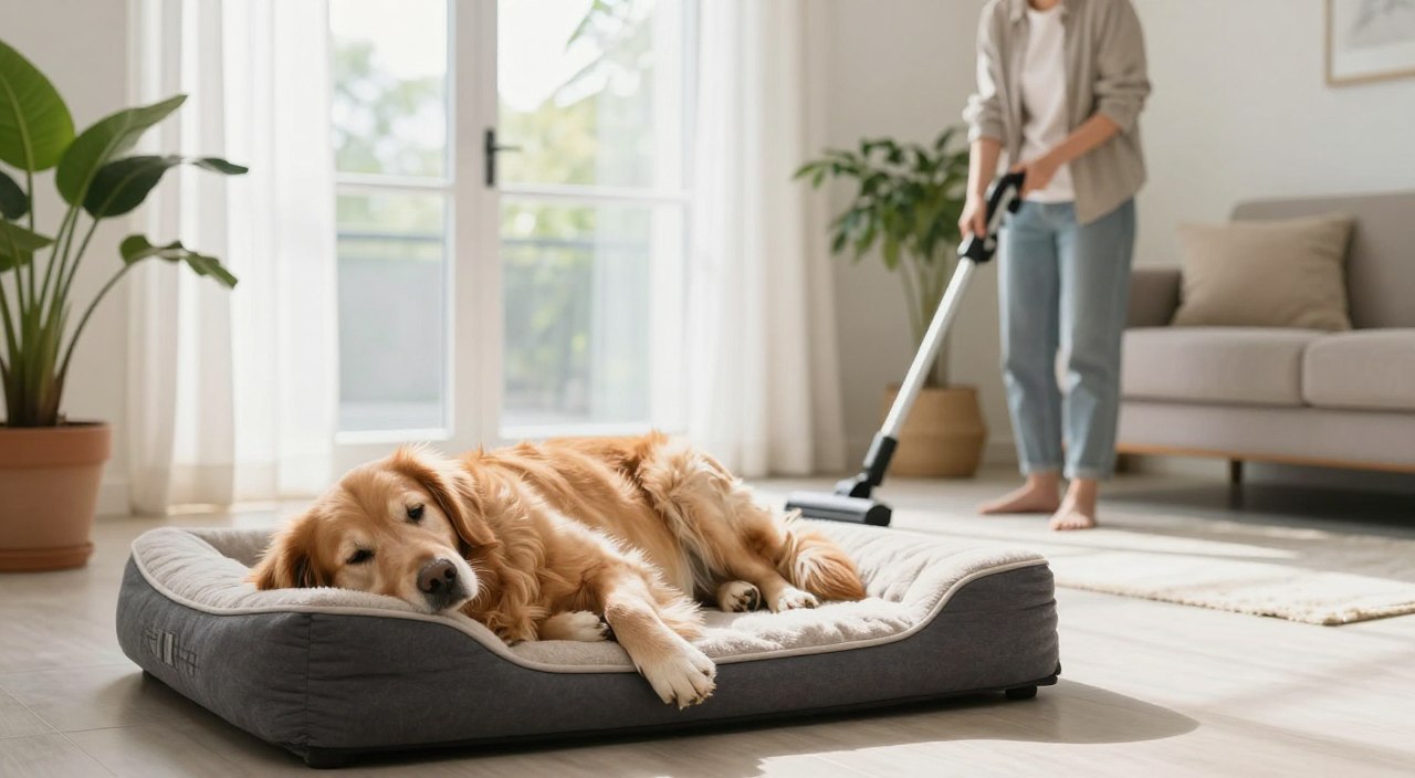 A tranquil home environment designed for a dog experiencing seasonal allergies. In the foreground, a relaxed golden retriever lies on a plush, hypoallergenic dog bed, breathing easily. The middle ground features a bright, airy living room with large windows letting in natural light, showcasing a clean, uncluttered space. Green houseplants are strategically placed, enhancing air quality. A gentle breeze flows through sheer curtains, creating a calming atmosphere. In the background, a dog owner, dressed in modest casual clothing, carefully vacuum cleans the floor with a pet hair attachment, demonstrating proactive cleaning habits. The overall mood of the image is serene and inviting, emphasizing a healthy lifestyle tailored for dogs with allergies. A tranquil home environment designed for a dog experiencing seasonal allergies. In the foreground, a relaxed golden retriever lies on a plush, hypoallergenic dog bed, breathing easily. The middle ground features a bright, airy living room with large windows letting in natural light, showcasing a clean, uncluttered space. Green houseplants are strategically placed, enhancing air quality. A gentle breeze flows through sheer curtains, creating a calming atmosphere. In the background, a dog owner, dressed in modest casual clothing, carefully vacuum cleans the floor with a pet hair attachment, demonstrating proactive cleaning habits. The overall mood of the image is serene and inviting, emphasizing a healthy lifestyle tailored for dogs with allergies.