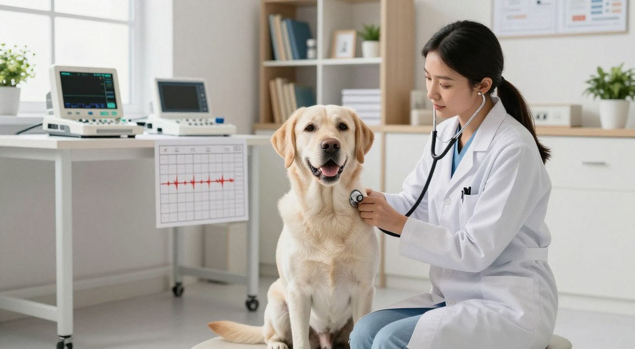 A veterinarian in a clean, well-lit clinic sits on the floor next to a friendly Labrador Retriever, gently using a stethoscope to listen to the dog's heart. The dog, looking calm and relaxed, has its ears perked up, conveying trust and comfort. The middle ground reveals various veterinary tools, like an EKG machine and heart charts, neatly organized on a table nearby. In the background, shelves filled with pet care books and plants create a warm, inviting atmosphere. Soft natural light filters through a window, creating a serene and professional mood, reflecting the importance of regular heart screenings in ensuring a dog’s health. The composition emphasizes care and professionalism in veterinary practice. A veterinarian in a clean, well-lit clinic sits on the floor next to a friendly Labrador Retriever, gently using a stethoscope to listen to the dog's heart. The dog, looking calm and relaxed, has its ears perked up, conveying trust and comfort. The middle ground reveals various veterinary tools, like an EKG machine and heart charts, neatly organized on a table nearby. In the background, shelves filled with pet care books and plants create a warm, inviting atmosphere. Soft natural light filters through a window, creating a serene and professional mood, reflecting the importance of regular heart screenings in ensuring a dog’s health. The composition emphasizes care and professionalism in veterinary practice.