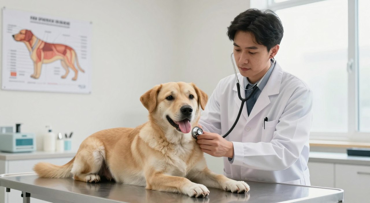 A veterinarian in a clean, well-lit examination room carefully evaluates a dog's respiratory health. The foreground shows a medium-sized, relaxed dog lying on an examination table, with its chest rising and falling gently as the vet listens with a stethoscope. The vet, dressed in a professional white coat, has a focused yet calm expression. In the middle ground, various veterinary tools are neatly arranged, and a chart of canine respiratory anatomy is visible on the wall. The background features soft, natural light filtering through a window, creating a warm and reassuring atmosphere. The overall mood is calm and professional, emphasizing the importance of assessing the dog's respiratory condition.