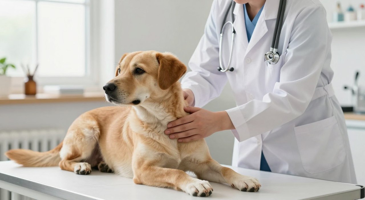 A veterinarian in a clean, well-lit examination room gently checks a dog's pulse and heart rate. The veterinarian, wearing a professional white coat, kneels beside a calm, medium-sized dog lying on a soft examination table. The dog looks relaxed, its fur is well-groomed, and its expression is peaceful. The background features medical tools neatly arranged on a shelf and a soft, natural light streaming in from a nearby window, creating a serene atmosphere. The scene captures a close-up perspective focused on the veterinarian's hands resting on the dog's chest, highlighting the tender interaction and care involved in monitoring the dog's health. The overall mood is calm and professional, emphasizing the importance of regular health checks for pets.