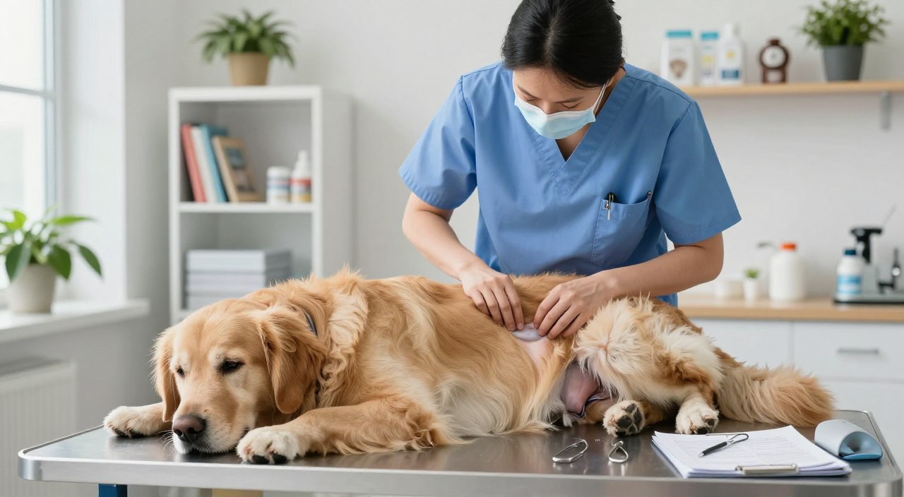 A veterinary clinic setting bathed in natural light, featuring a compassionate veterinarian interacting with a golden retriever. The vet, dressed in professional scrubs, is gently examining the dog's abdomen to assess for fluid buildup, embodying a calm and caring demeanor. In the foreground, the dog lies comfortably on an examination table, looking relaxed and trusting. In the middle ground, vet tools and medical charts are neatly arranged, hinting at a sterile environment. The background shows shelves lined with pet care books and plants, contributing to a welcoming atmosphere. The overall mood conveys diligence and empathy, emphasizing the importance of managing cardiac health in dogs. A veterinary clinic setting bathed in natural light, featuring a compassionate veterinarian interacting with a golden retriever. The vet, dressed in professional scrubs, is gently examining the dog's abdomen to assess for fluid buildup, embodying a calm and caring demeanor. In the foreground, the dog lies comfortably on an examination table, looking relaxed and trusting. In the middle ground, vet tools and medical charts are neatly arranged, hinting at a sterile environment. The background shows shelves lined with pet care books and plants, contributing to a welcoming atmosphere. The overall mood conveys diligence and empathy, emphasizing the importance of managing cardiac health in dogs.