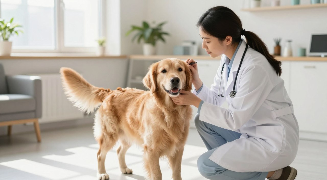 A warm and inviting veterinarian's office, featuring a compassionate veterinarian in a white coat crouching down to greet a friendly dog, showcasing a moment of trust. The foreground captures the veterinarian gently checking the dog's ears, emphasizing care and connection. In the middle, the dog, a golden retriever, looks relaxed and comfortable, with its tail wagging, symbolizing the positive experience. The background reveals a clean, well-lit setting with nature-themed decorations and calming colors, bathed in soft natural light streaming through a window, creating a serene atmosphere. The mood is calm and reassuring, emphasizing the bond formed in this trusting relationship between the vet and the pet. A warm and inviting veterinarian's office, featuring a compassionate veterinarian in a white coat crouching down to greet a friendly dog, showcasing a moment of trust. The foreground captures the veterinarian gently checking the dog's ears, emphasizing care and connection. In the middle, the dog, a golden retriever, looks relaxed and comfortable, with its tail wagging, symbolizing the positive experience. The background reveals a clean, well-lit setting with nature-themed decorations and calming colors, bathed in soft natural light streaming through a window, creating a serene atmosphere. The mood is calm and reassuring, emphasizing the bond formed in this trusting relationship between the vet and the pet.