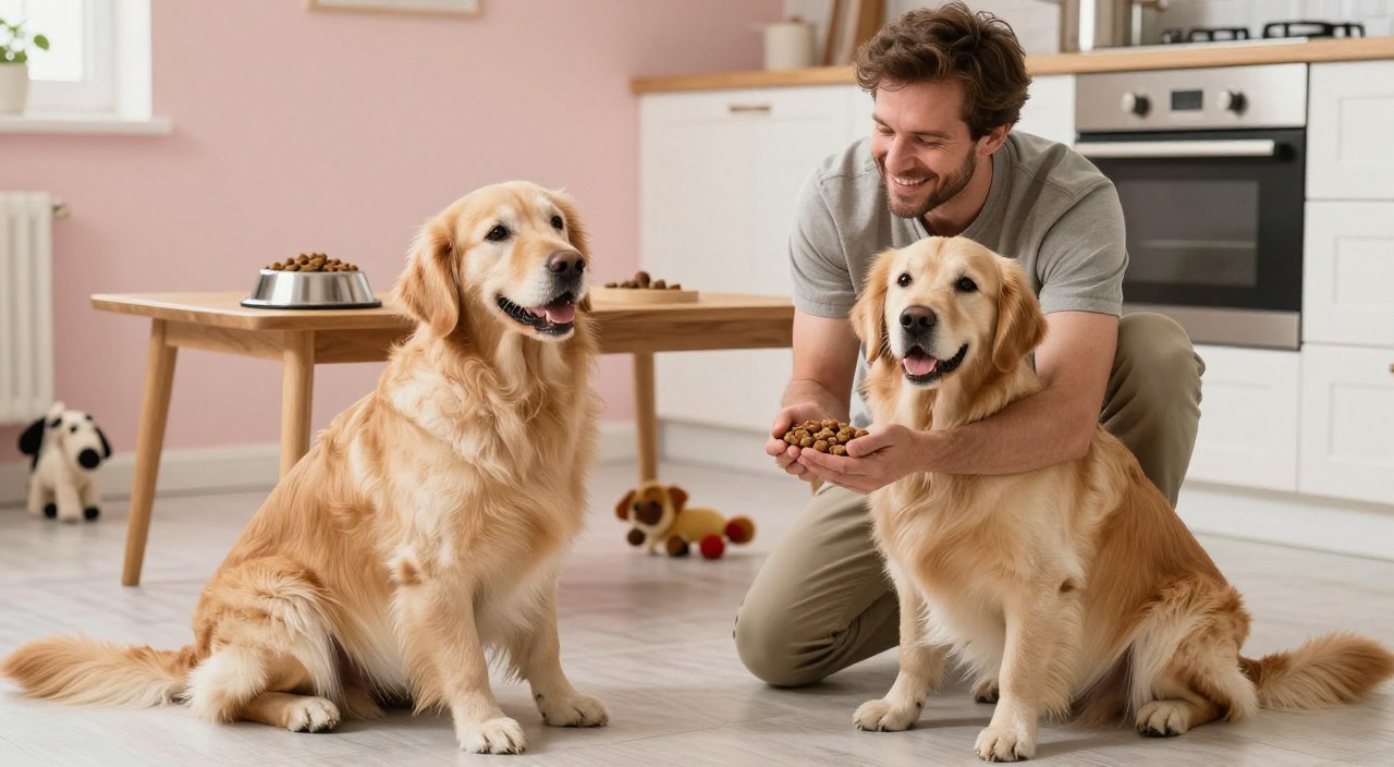 A warm, natural light fills a cozy kitchen where a man in casual attire is kneeling with a kind smile, gently holding a handful of dog treats. In the foreground, an eager golden retriever, with bright eyes and a wagging tail, exhibits a polite begging posture, sitting attentively. The middle ground features a simple wooden table with a bowl of dog food, emphasizing balanced feeding. In the background, soft pastel walls and a few dog toys create a homey atmosphere. The scene conveys a calm, nurturing mood, highlighting the importance of manageable treat portions and positive reinforcement in training, without any distractions or clutter.