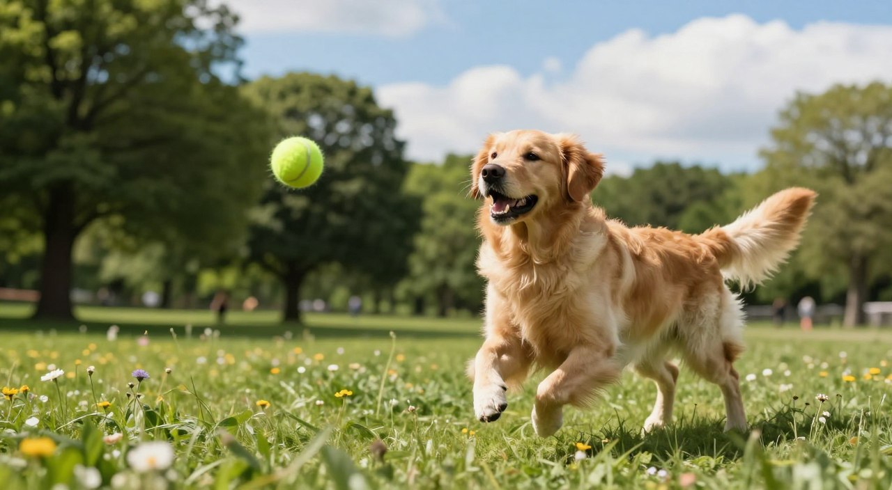 a lively golden retriever enthusiastically playing fetch in a sunlit park, showcasing an active dog exercise scene. In the foreground, the dog is mid-jump, its fur glistening in the natural light, with a bright green tennis ball flying towards it. In the middle ground, there are lush trees and a few scattered wildflowers, while a serene blue sky with soft white clouds creates a peaceful atmosphere in the background. The perspective is slightly low to emphasize the dog's energy and the joyful activity. The overall mood is cheerful and motivating, encouraging a sense of health and vitality in dogs.
