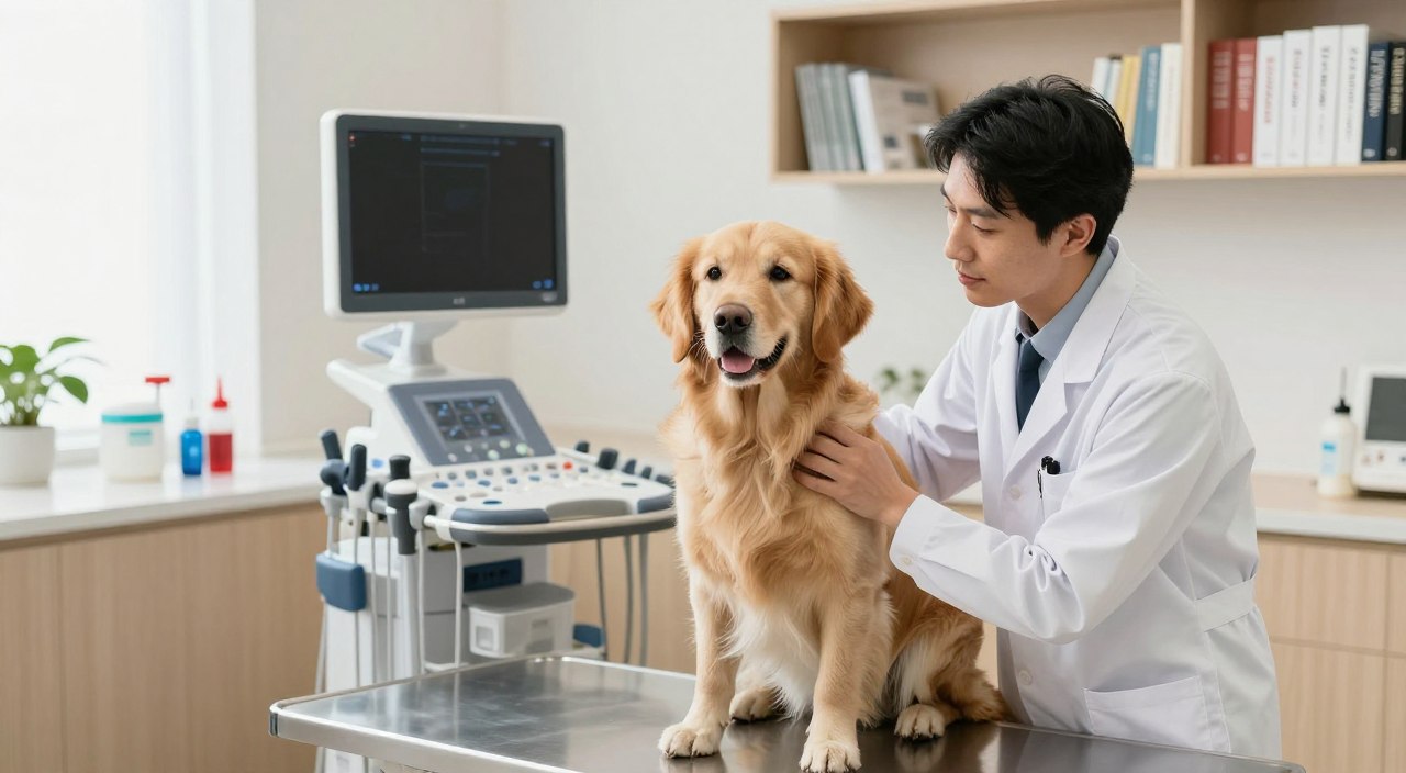 A clean and well-lit veterinary clinic interior, showcasing a calm atmosphere. In the foreground, a professional veterinarian, dressed in a white lab coat, is gently examining a golden retriever sitting on an examination table. The dog appears relaxed, with attentive ears and a trusting demeanor. In the middle, diagnostic testing equipment is visible, including a modern ultrasound machine and blood test supplies on a nearby counter. The background features soothing colors and shelves stocked with veterinary reference books, adding to the professionalism of the setting. Natural light illuminates the room, creating a serene mood, reflecting a sense of care and expertise in the diagnostic process for canine kidney function. A clean and well-lit veterinary clinic interior, showcasing a calm atmosphere. In the foreground, a professional veterinarian, dressed in a white lab coat, is gently examining a golden retriever sitting on an examination table. The dog appears relaxed, with attentive ears and a trusting demeanor. In the middle, diagnostic testing equipment is visible, including a modern ultrasound machine and blood test supplies on a nearby counter. The background features soothing colors and shelves stocked with veterinary reference books, adding to the professionalism of the setting. Natural light illuminates the room, creating a serene mood, reflecting a sense of care and expertise in the diagnostic process for canine kidney function.