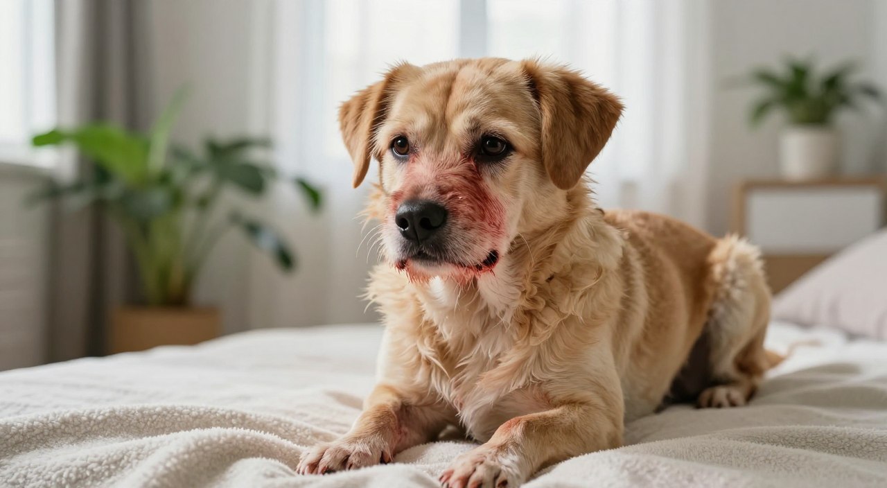 A close-up of a medium-sized dog sitting on a soft, clean blanket in a well-lit living room, looking a bit distressed with its fur slightly ruffled. The dog has noticeable signs of allergies, such as red, itchy skin around its paws and face, and watery eyes. In the background, soft natural light filters through window curtains, creating a calming atmosphere. There are lush green plants subtly placed in the background to convey a sense of home. The shot is captured from a low angle to emphasize the dog’s expressions of discomfort, highlighting the bond between pet and owner during a moment of care and concern. The overall mood is gentle and informative, with a focus on compassion.