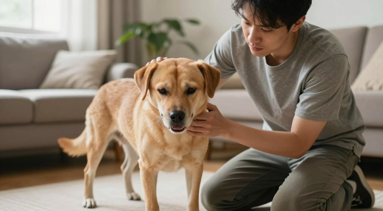 A concerned dog owner gently examining a medium-sized, healthy-looking dog in a calm living room setting. The dog shows subtle signs of heartworm, such as a slight cough, reduced energy, and a slight reluctance to play. The owner, a young adult in modest casual clothing, kneels beside the dog, showing empathy and care. Soft natural light filters in through a window, creating a warm and inviting atmosphere. The background features cozy home decor with plants and a comfortable couch, emphasizing the dog's living environment. The focus is sharp on the dog's expression and owner's interaction, highlighting a subtle bond and concern for the dog’s health without exaggeration or distress. The image conveys a serious yet nurturing mood, inviting viewers to recognize the importance of early detection. A concerned dog owner gently examining a medium-sized, healthy-looking dog in a calm living room setting. The dog shows subtle signs of heartworm, such as a slight cough, reduced energy, and a slight reluctance to play. The owner, a young adult in modest casual clothing, kneels beside the dog, showing empathy and care. Soft natural light filters in through a window, creating a warm and inviting atmosphere. The background features cozy home decor with plants and a comfortable couch, emphasizing the dog's living environment. The focus is sharp on the dog's expression and owner's interaction, highlighting a subtle bond and concern for the dog’s health without exaggeration or distress. The image conveys a serious yet nurturing mood, inviting viewers to recognize the importance of early detection.