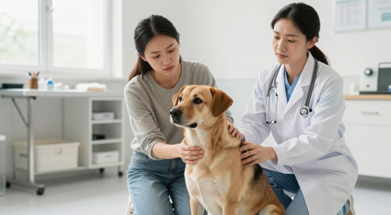 A concerned dog owner kneels beside a medium-sized, healthy-looking dog in a well-lit, clean veterinary clinic exam room. The owner, a woman in modest casual clothing, gently examines the dog's heart while a veterinarian in a professional white coat observes with a calm expression. The foreground features the dog with attentive eyes, showcasing signs of concern, while the owner and veterinarian emphasize a supportive atmosphere. The middle layer includes a veterinary exam table with medical tools neatly arranged, reinforcing the professional environment. In the background, natural light streams in through a window, illuminating the space and creating a sense of hope and care. The overall mood is calm and reassuring, emphasizing the importance of seeking veterinary care for heartworm symptoms in dogs. A concerned dog owner kneels beside a medium-sized, healthy-looking dog in a well-lit, clean veterinary clinic exam room. The owner, a woman in modest casual clothing, gently examines the dog's heart while a veterinarian in a professional white coat observes with a calm expression. The foreground features the dog with attentive eyes, showcasing signs of concern, while the owner and veterinarian emphasize a supportive atmosphere. The middle layer includes a veterinary exam table with medical tools neatly arranged, reinforcing the professional environment. In the background, natural light streams in through a window, illuminating the space and creating a sense of hope and care. The overall mood is calm and reassuring, emphasizing the importance of seeking veterinary care for heartworm symptoms in dogs.