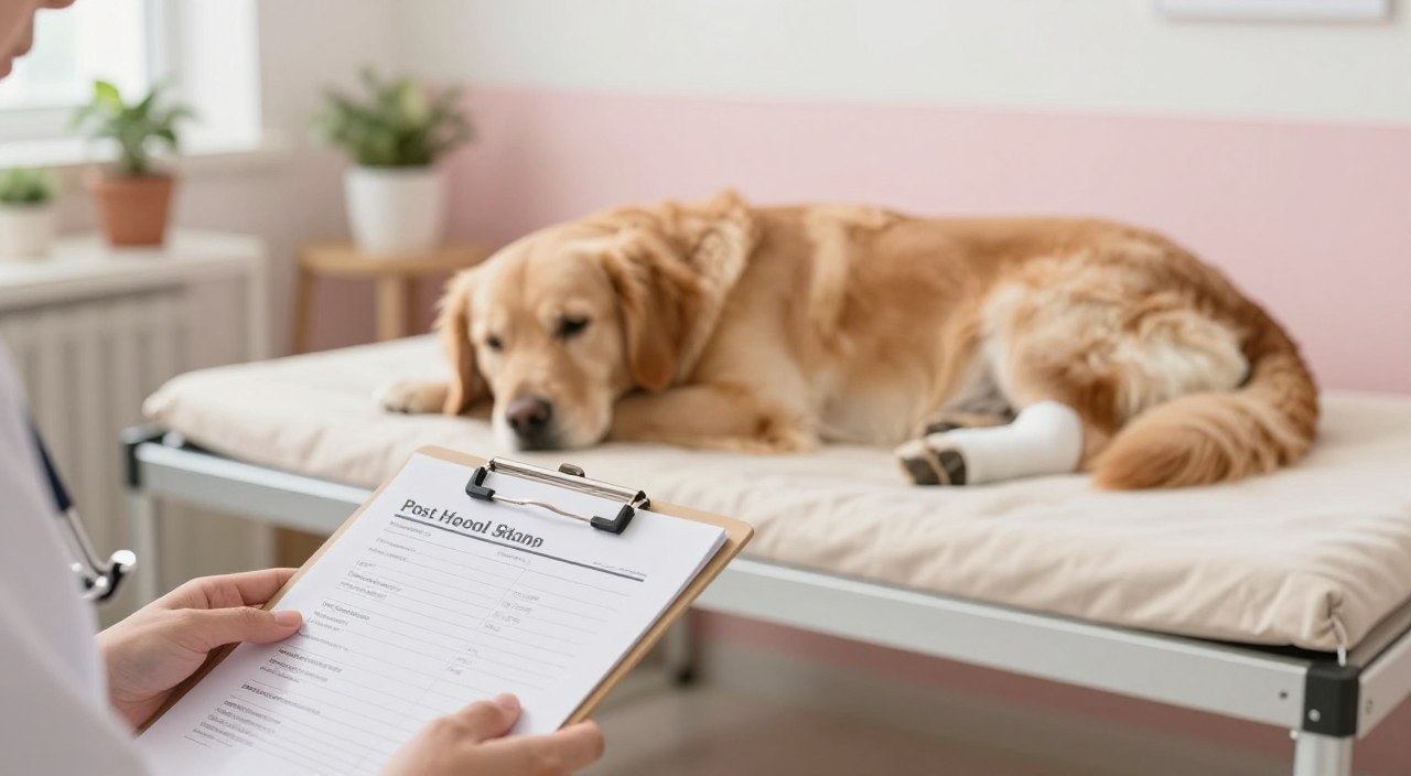 A cozy, clean veterinary clinic room in soft natural light, showcasing a dog lying comfortably on a plush recovery bed. The foreground features a close-up of a veterinarian's hand gently holding a clipboard with neatly organized post-op instructions. In the middle, a calm dog, possibly a Golden Retriever or Labrador, with a bandaged paw, is resting, embodying a peaceful recovery atmosphere. The background includes a few calming decorations, such as potted plants and a soft pastel wall, enhancing the serene mood. Gentle shadows and warm lighting convey safety and comfort, making the environment feel inviting for both pets and their owners. The image should evoke a sense of care and responsibility without any text or distractions.