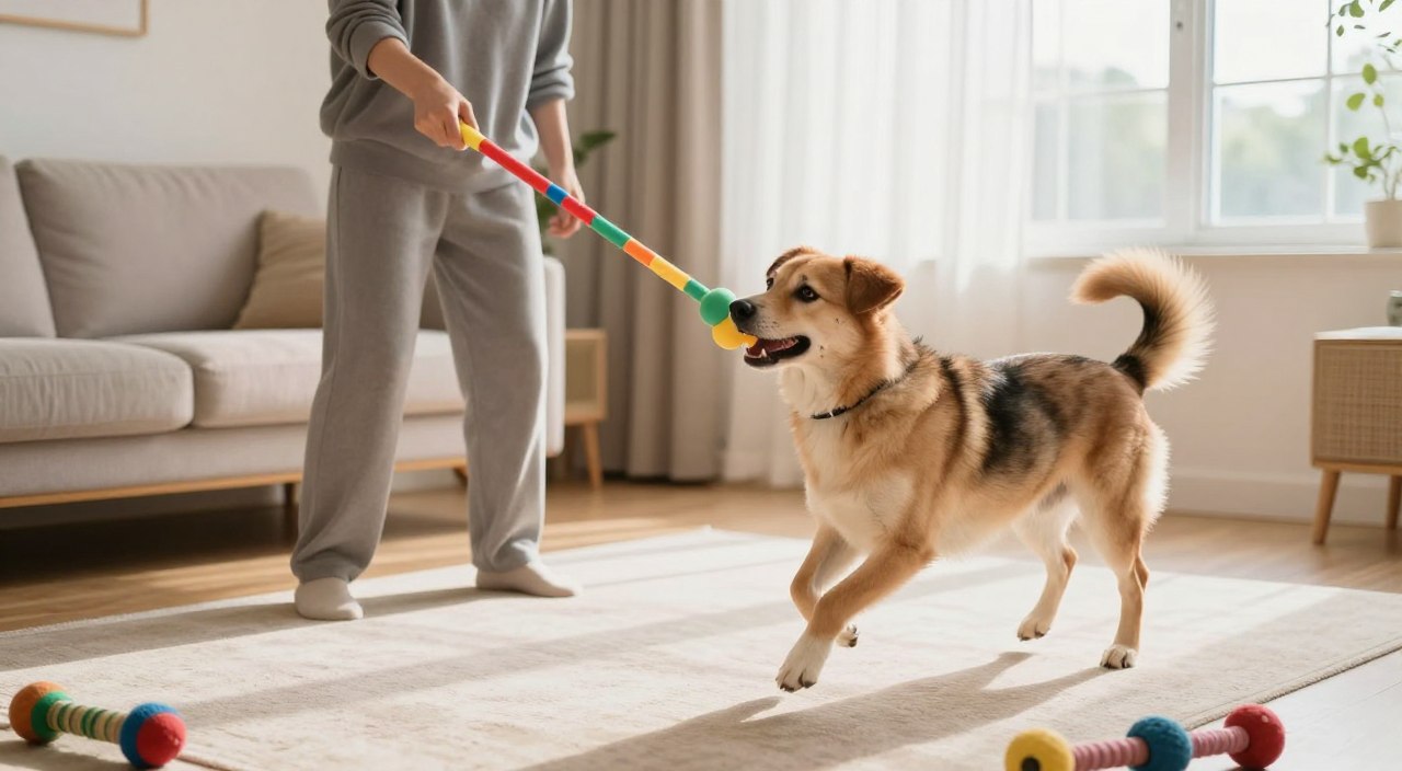 A cozy indoor living room scene where a medium-sized dog eagerly plays with a flirt pole, showcasing a colorful lure at the end, creating an engaging dynamic. In the foreground, the dog is mid-leap, with a joyful expression, emphasizing its excitement. In the middle ground, an owner, casually dressed in comfortable loungewear, holds the flirt pole, portraying active interaction. The background features a clean, inviting space with soft lighting filtering in from a large window, casting gentle shadows and a warm atmosphere. A few dog toys are scattered around, adding a playful touch, enhancing the calm yet stimulating mood of indoor playtime. A cozy indoor living room scene where a medium-sized dog eagerly plays with a flirt pole, showcasing a colorful lure at the end, creating an engaging dynamic. In the foreground, the dog is mid-leap, with a joyful expression, emphasizing its excitement. In the middle ground, an owner, casually dressed in comfortable loungewear, holds the flirt pole, portraying active interaction. The background features a clean, inviting space with soft lighting filtering in from a large window, casting gentle shadows and a warm atmosphere. A few dog toys are scattered around, adding a playful touch, enhancing the calm yet stimulating mood of indoor playtime.