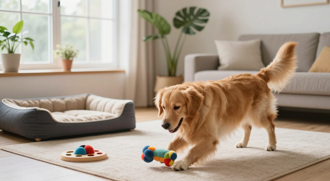A cozy indoor living room setting with a light and airy atmosphere. In the foreground, a playful golden retriever is engaging with a colorful plush toy, its tail wagging excitedly. In the middle, a couple of soft dog beds are placed nearby, and a puzzle feeder rests on the floor, hinting at brain-stimulating activities. In the background, a large window allows natural light to flood the room, showcasing indoor plants and a comfortable couch. The overall mood is calm and inviting, emphasizing the warmth of a home where pet owners actively engage with their dogs in simple, enriching activities. Use a soft focus lens for a warm, gentle effect. A cozy indoor living room setting with a light and airy atmosphere. In the foreground, a playful golden retriever is engaging with a colorful plush toy, its tail wagging excitedly. In the middle, a couple of soft dog beds are placed nearby, and a puzzle feeder rests on the floor, hinting at brain-stimulating activities. In the background, a large window allows natural light to flood the room, showcasing indoor plants and a comfortable couch. The overall mood is calm and inviting, emphasizing the warmth of a home where pet owners actively engage with their dogs in simple, enriching activities. Use a soft focus lens for a warm, gentle effect.
