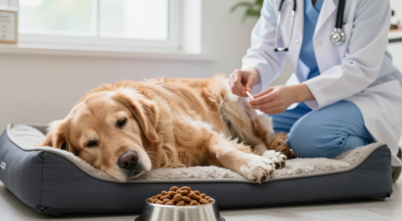 A serene indoor setting featuring a gentle golden retriever resting comfortably on a soft dog bed, reflecting a calm and peaceful mood. In the foreground, a bowl filled with nutritious dog food is placed near the dog. In the middle ground, a veterinarian in a smart casual outfit attends to the dog with a caring touch, gently administering medication. The background exhibits a well-lit, clean environment with soft, natural light filtering through a window, creating an inviting atmosphere. The focus is on the bond between the dog and the caregiver, emphasizing compassion in pain management and nutrition during recovery. The angle is slightly overhead to capture both the dog’s relaxed state and the caregiver's attentive presence.