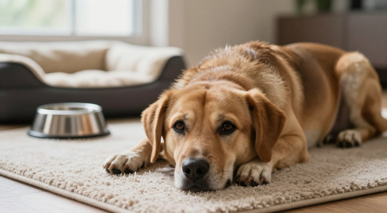 A serene indoor setting showcasing a healthy dog lying calmly on a plush, neutral-colored rug. In the foreground, focus on the dog's eyes, which convey alertness, and its posture, indicating comfort but also slight discomfort, hinting at possible kidney issues. In the middle ground, subtly include a water bowl and a soft dog bed, symbolizing hydration and rest, which are crucial for kidney health. In the background, let natural light filter through a window, creating a warm, inviting atmosphere while softly illuminating the dog's coat. This scene should evoke a calm, caring mood, emphasizing the importance of attentive observation for early warning signs of kidney health issues in dogs. A serene indoor setting showcasing a healthy dog lying calmly on a plush, neutral-colored rug. In the foreground, focus on the dog's eyes, which convey alertness, and its posture, indicating comfort but also slight discomfort, hinting at possible kidney issues. In the middle ground, subtly include a water bowl and a soft dog bed, symbolizing hydration and rest, which are crucial for kidney health. In the background, let natural light filter through a window, creating a warm, inviting atmosphere while softly illuminating the dog's coat. This scene should evoke a calm, caring mood, emphasizing the importance of attentive observation for early warning signs of kidney health issues in dogs.