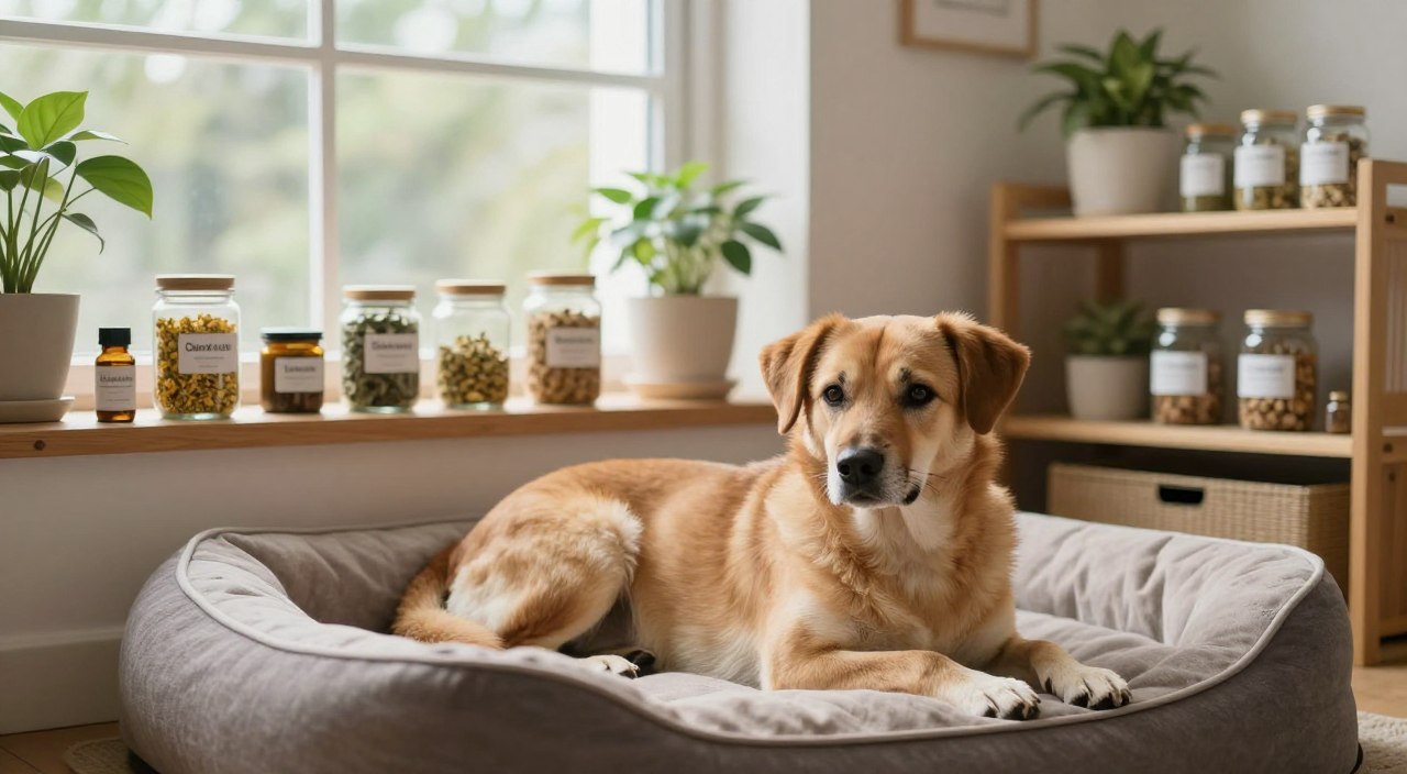 A serene interior setting with soft, natural light filtering through a window. In the foreground, a relaxed medium-sized dog, looking calm and at ease, lies on a plush, neutral-toned dog bed. Surrounding the dog, wooden shelves display various jars of natural supplements, such as herbal blends, chamomile, and valerian root, artistically arranged among soothing green plants. In the background, a comforting, homely atmosphere is created with warm tones and minimalist decor, enhancing the calm mood. The scene captures a feeling of tranquility and wellness, inviting viewers to consider natural approaches to reducing dog anxiety. The focus is on the dog and the natural supplements, with a shallow depth of field to softly blur the background, evoking a sense of peace.