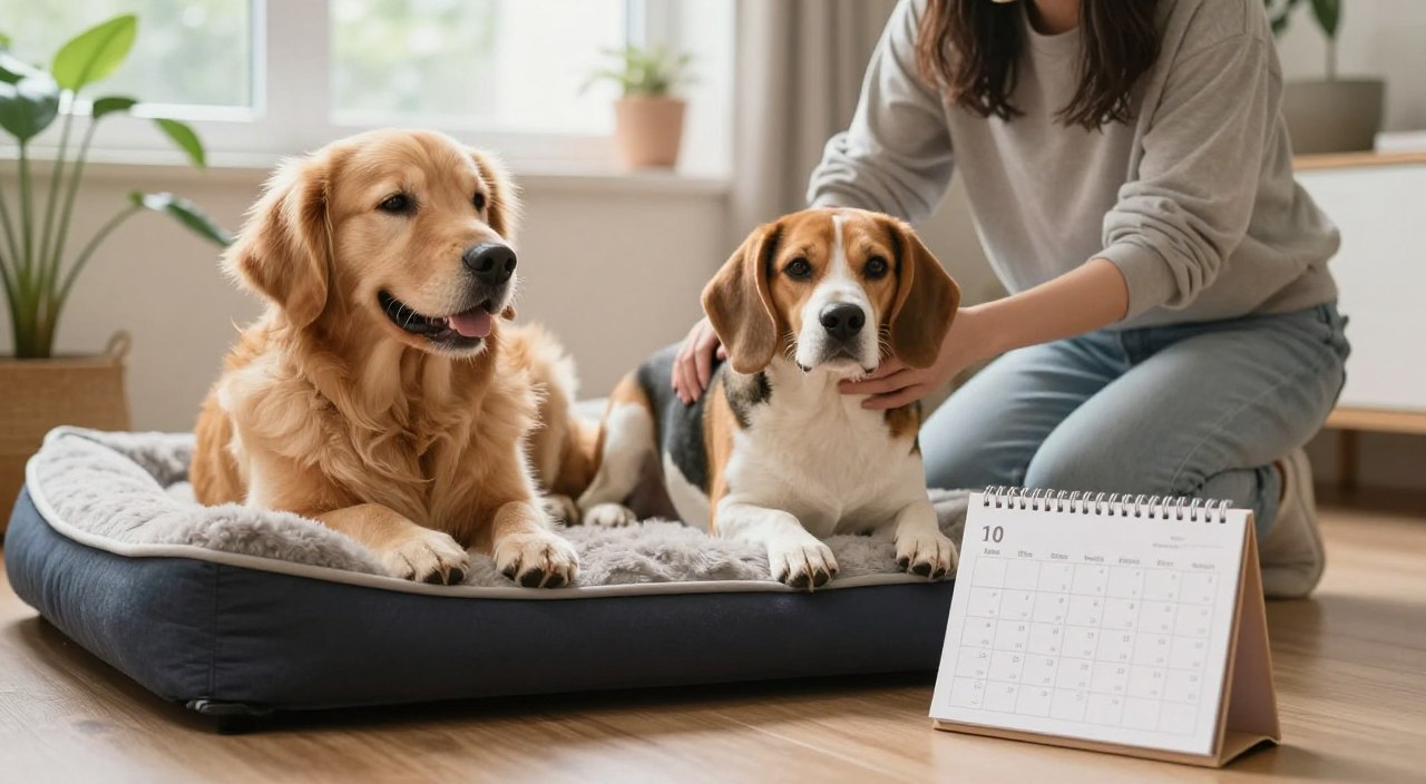 A serene living room scene featuring two real dogs of different breeds, one a golden retriever and the other a beagle, lounging comfortably on a plush dog bed. In the foreground, a calendar with a clearly organized daily schedule is placed on a small side table, indicating structured times for walks, play, and meals. In the middle ground, a calm human figure, dressed in modest casual clothing, kneels next to the dogs, gently petting them to create a nurturing atmosphere. The background showcases soft natural light streaming through a window, illuminating potted plants and a cozy, uncluttered environment. The overall mood is tranquil and supportive, reflecting the essence of a consistent daily routine for dogs.