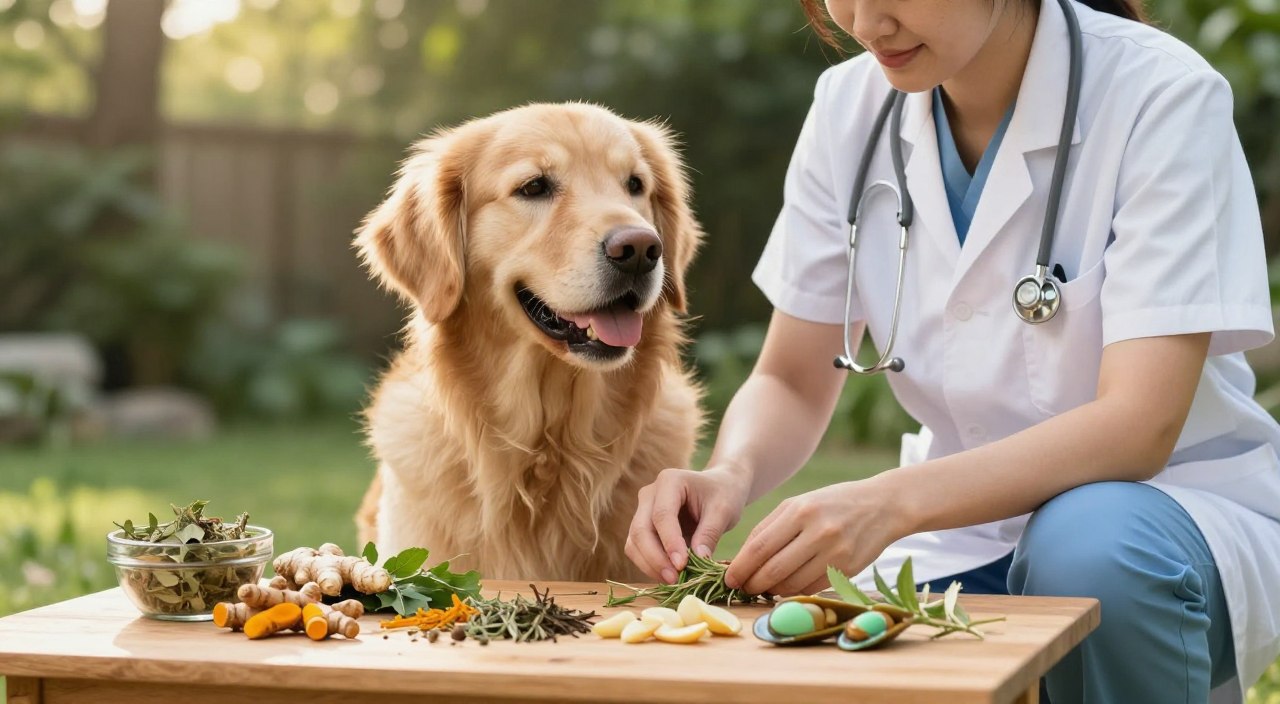 A serene outdoor scene depicting a knowledgeable veterinarian or dog owner kneeling beside a healthy, happy dog. The vet is dressed in professional attire, gently examining a selection of natural anti-inflammatory herbs and plants like turmeric, ginger, and green-lipped mussel on a clean, wooden table. Soft, natural sunlight filters through lush greenery in the background, adding warmth to the setting. The dog, a golden retriever, appears calm and at ease, creating a bond of trust. The focus is on the careful selection process, reflecting a thoughtful and caring atmosphere that emphasizes the importance of natural remedies for canine health. The composition is taken with a shallow depth of field, highlighting the interaction and the herbs while the background remains softly blurred. A serene outdoor scene depicting a knowledgeable veterinarian or dog owner kneeling beside a healthy, happy dog. The vet is dressed in professional attire, gently examining a selection of natural anti-inflammatory herbs and plants like turmeric, ginger, and green-lipped mussel on a clean, wooden table. Soft, natural sunlight filters through lush greenery in the background, adding warmth to the setting. The dog, a golden retriever, appears calm and at ease, creating a bond of trust. The focus is on the careful selection process, reflecting a thoughtful and caring atmosphere that emphasizes the importance of natural remedies for canine health. The composition is taken with a shallow depth of field, highlighting the interaction and the herbs while the background remains softly blurred.