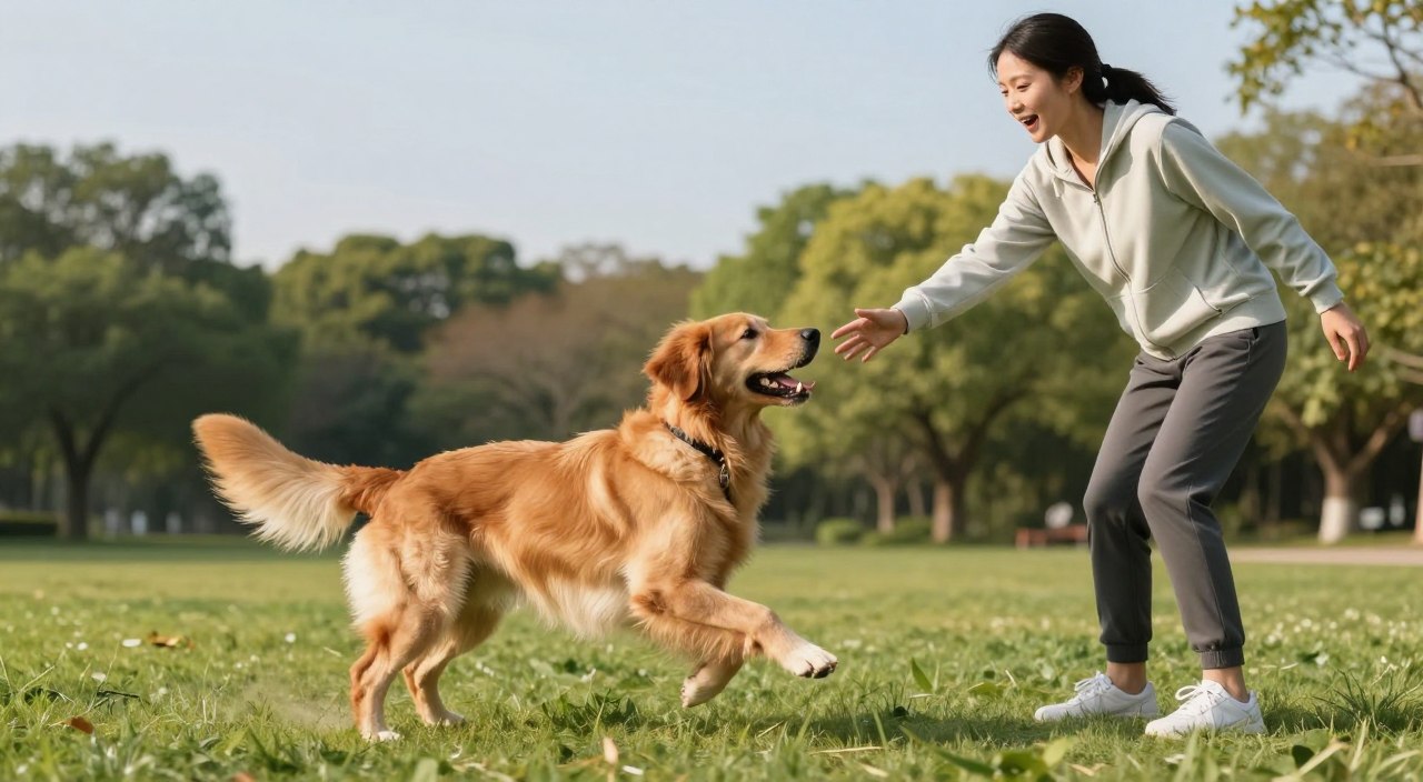 A serene outdoor scene featuring a medium-sized dog happily engaging in a game of fetch with its owner in a clean park setting. In the foreground, the dog, a golden retriever with a shiny coat, is in mid-action, leaping joyfully. The owner, dressed in comfortable athletic wear, is encouraging the dog with an enthusiastic expression. In the middle ground, lush green grass and vibrant trees create a healthy, inviting atmosphere, while the background shows a clear blue sky, hinting at a sunny day. The lighting is warm and natural, capturing the joyful bond between the dog and its owner. The scene conveys a calm and uplifting mood, emphasizing the importance of lifestyle and exercise for canine joint health. A serene outdoor scene featuring a medium-sized dog happily engaging in a game of fetch with its owner in a clean park setting. In the foreground, the dog, a golden retriever with a shiny coat, is in mid-action, leaping joyfully. The owner, dressed in comfortable athletic wear, is encouraging the dog with an enthusiastic expression. In the middle ground, lush green grass and vibrant trees create a healthy, inviting atmosphere, while the background shows a clear blue sky, hinting at a sunny day. The lighting is warm and natural, capturing the joyful bond between the dog and its owner. The scene conveys a calm and uplifting mood, emphasizing the importance of lifestyle and exercise for canine joint health.