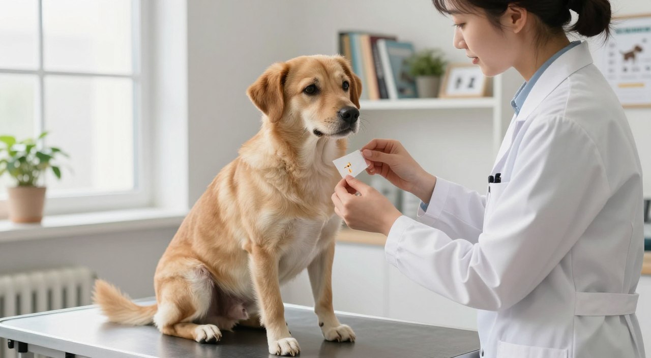 A veterinarian gently examines a calm, medium-sized dog in a clean, well-lit consultation room. The dog sits on an examination table, looking relaxed as the vet, dressed in a white coat and casual attire, holds a fur sample for allergy testing. Soft, natural light streams through a nearby window, illuminating the scene. In the background, shelves with pet care books and charts about dog allergies are subtly visible. A few potted plants add a touch of greenery, enhancing the atmosphere of care and professionalism. The focus is on the interaction between the vet and the dog, conveying a sense of trust and compassion in this important moment of diagnosing dog allergies.